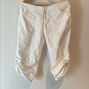 Split Adjustable Cropped Pants with Button Detail, Breathable, White, Size 9